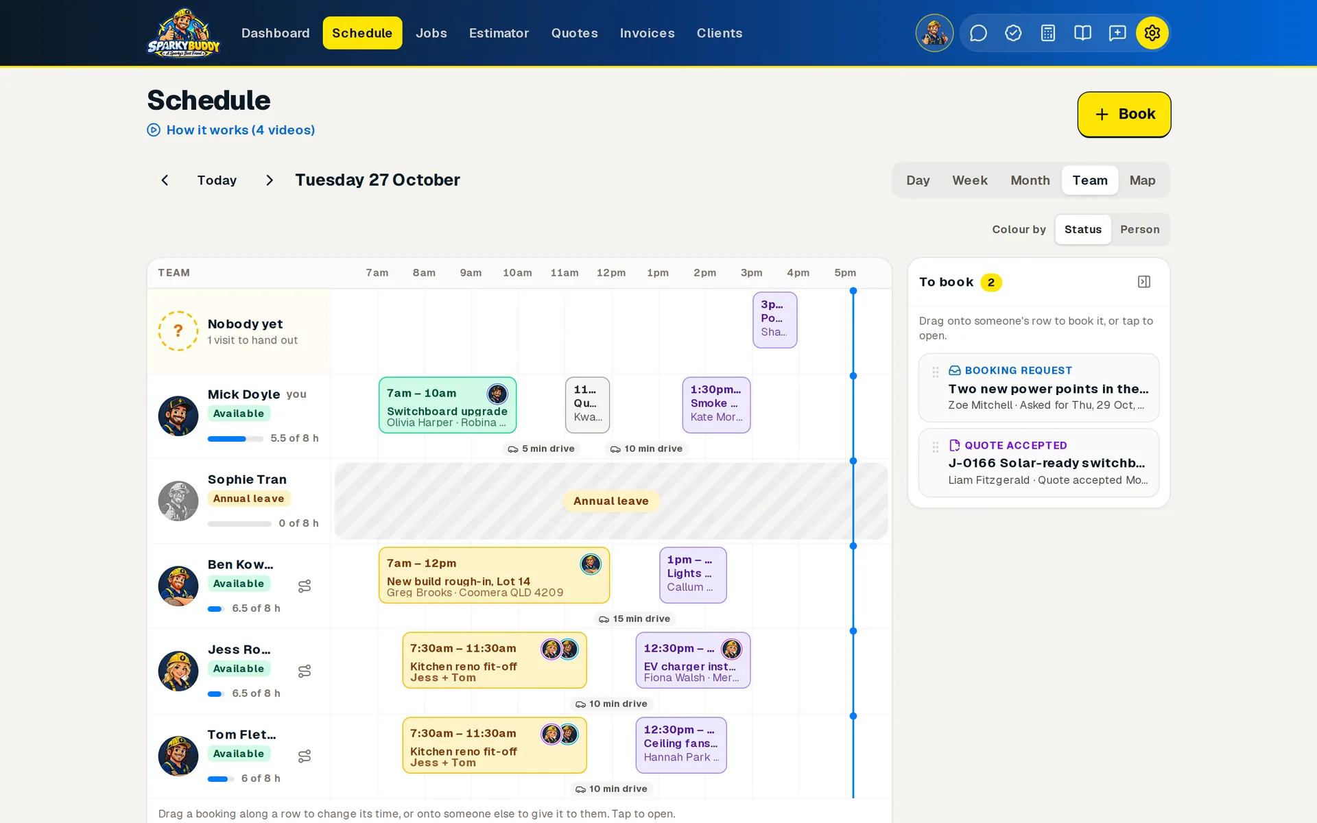 The Schedule's Team view for one day on a computer: a row for each person with their face, how full their day is and their bookings with the crew's faces and drive times between them, a row for visits nobody has yet, and jobs still to book.