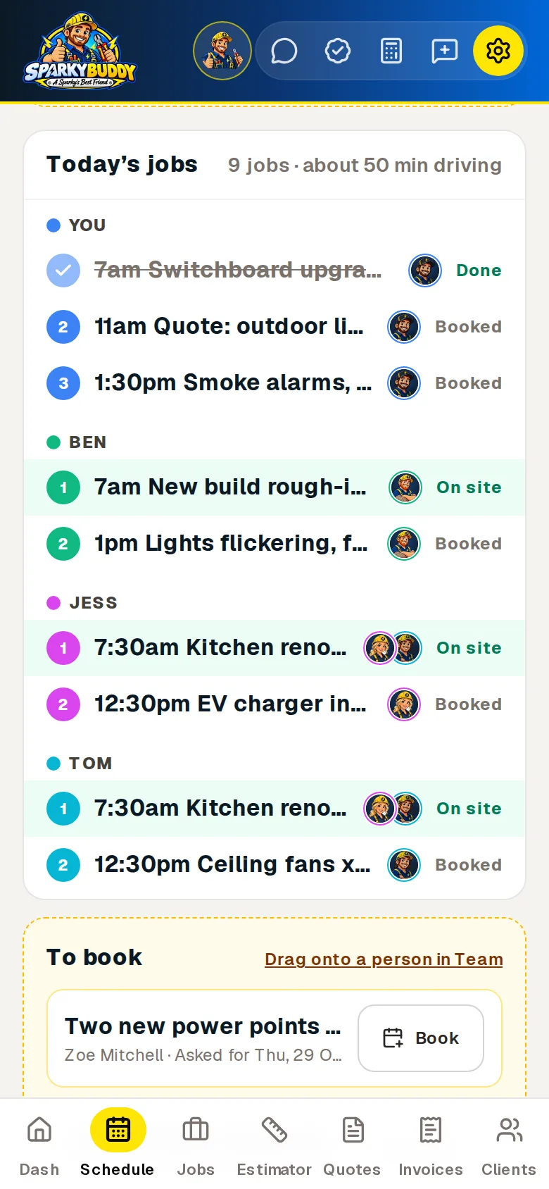 The Schedule's Map view on a phone, with the map itself left out: today's jobs by person, numbered in order, with the faces of who's on each and whether it's done, on site or booked, then a job to book.