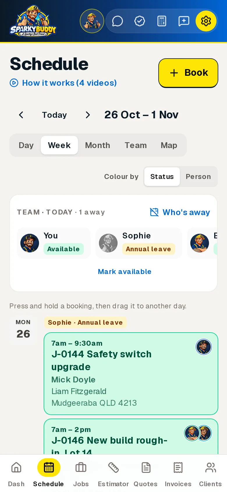The Schedule's week on a phone: the team's status today, then each day's bookings in a list with the time, job, who's doing it, the client, the suburb and their faces.